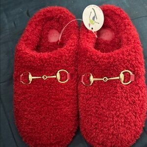 Anthropologie Red Fuzzy Slippers